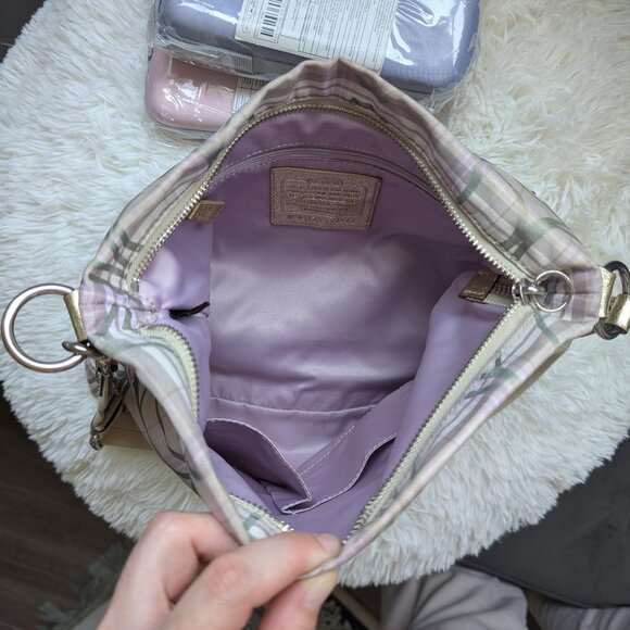 Coach, Tartan Plaid Cream Lavender Grey Signature Fabric Crossbody Bag - Picture 12 of 16
